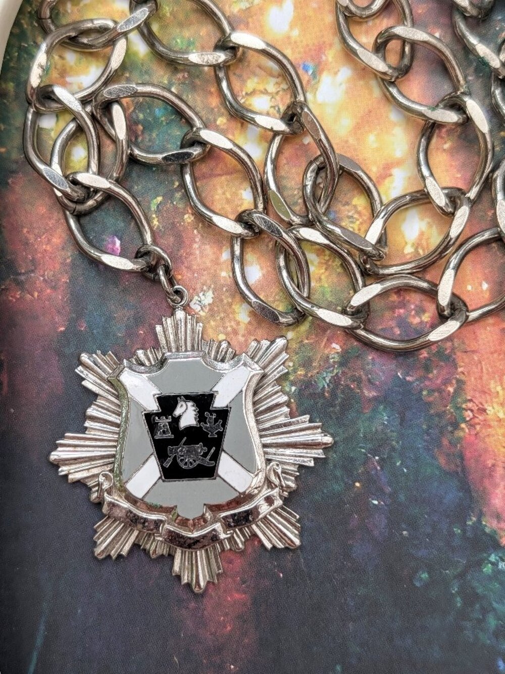 Vintage Heraldic Crest Medallion Necklace on Chunky Chain AS IS
